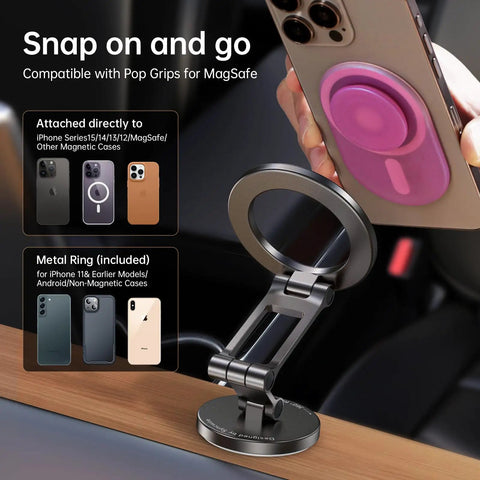 All Metal MagSafe Car Mount For Dashboard And Tesla Screen, 360 Degree Rotating Magnetic Phone Holder displayed on wood surface.