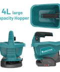 Cordless 20V Electric Seed Spreader with 4L hopper, showing 6 speed settings and 8 planting options for lawns and gardens.