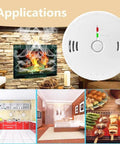 2 In 1 Battery Operated Smoke And Carbon Monoxide Alarm shown in home applications with kitchen, bedroom, and fireplace.