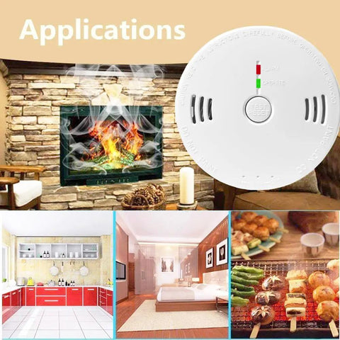 2 In 1 Battery Operated Smoke And Carbon Monoxide Alarm shown in home applications with kitchen, bedroom, and fireplace.