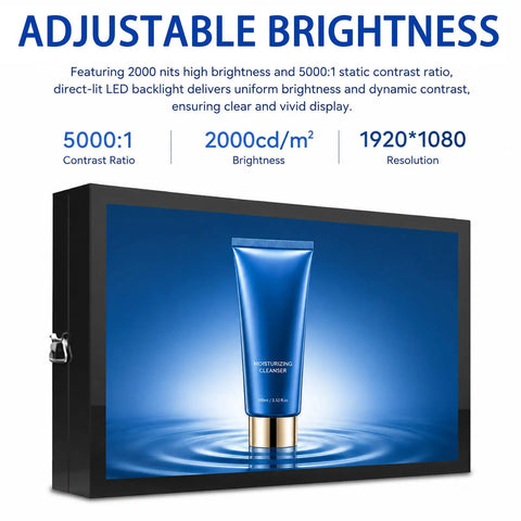 Commercial Outdoor Wall Mount Digital Display Screen 21 Inch IP65 Waterproof Advertising Signage With Security Lock showing a blue moisturizing cleanser.
