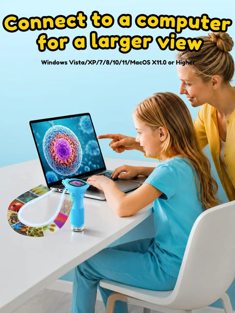 Kids 1000X Handheld Digital Microscope With 2.0 Inch Screen, kid and adult using it with laptop for larger view