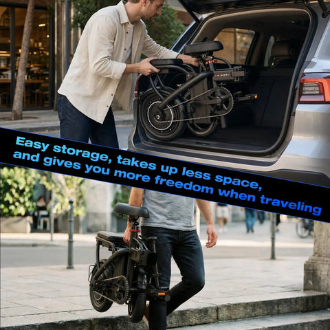 Person placing Powerful Folding Electric Bike With 800W To 1200W Peak Motor For Dope City Commutes 23 MPH in car trunk