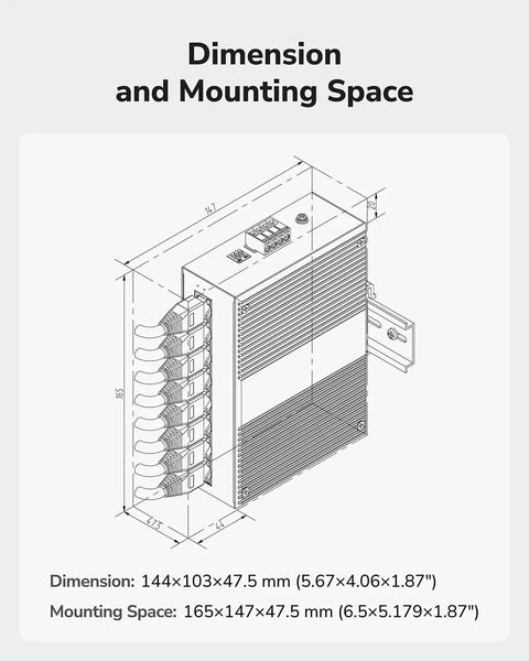 Diagram of 8 Port Gigabit Rock Solid Industrial Network Switch with DIN Rail Mount showing dimensions and mounting space.