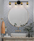 4 Light Vintage Style Bathroom Vanity Light Fixture With Clear Globe Glass Shades, Black And Brass Gold Accents, 28 Inch Long