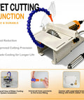 Lapidary Saw Kit For Cutting Rocks And Stones, showcasing wet cutting function with dust reduction and precision features.