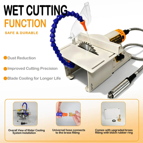 Lapidary Saw Kit For Cutting Rocks And Stones, showcasing wet cutting function with dust reduction and precision features.