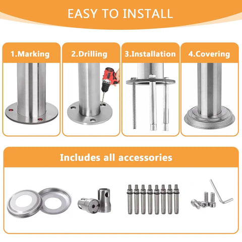 Assembly guide for Built Tough Stainless Steel Floor Mounted Outdoor Stair Handrail with installation tools and parts