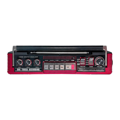 Front view of Dope Red Boombox With Bluetooth MP3 Converter From Radio To Cassette, showing controls and equalizer panel