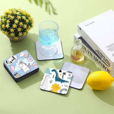 100 Piece Sublimation Blank Cup Coaster Set Bulk Neoprene Mats For Sublimation Transfer Heat Press Printing DIY Crafts 3.93 Inch Square Non Slip Bottom Durable on display with colorful designs