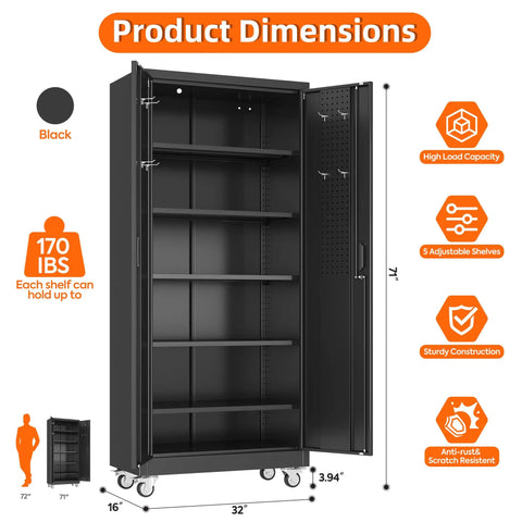 Heavy Gauge Steel Rolling Garage Storage Cabinet With Full Pegboard Door Cruises Easy While Securing All Your Grease Monkey Power Drill Paint Can Gear Securely