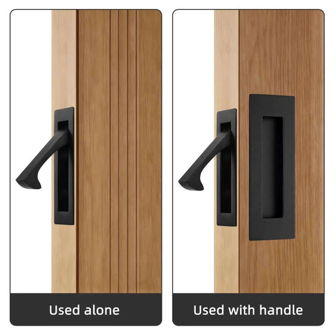 Edge Mount Pocket Door Pulls Matte Black 2 Pack Sleek Recessed Sliding Door Hardware In Stainless Steel 304 Finger Flush Pulls shown used alone and with handle on wooden door.