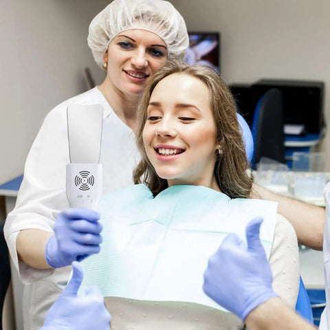 Pro Grade Dental Occlusal Photographic Mirror System With Four Rhodium Intraoral Reflective Mirrors, Anti Fog Fan, LED Lighting Handle, Plated Glass Reflectors, And Comprehensive Oral Inspection Kit in use