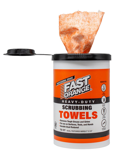 Container of Heavy Duty Scrubbing Towels With Dual Textured Power That Are Tough As Nails At Cleaning Grease Grime Paint Resins