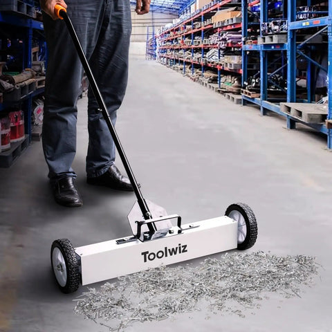 Magnetic Pick Up Sweeper With Wheels 24 Inch Large Metal Magnet For Yard Debris Cleanup Tough As Nails Heavy Duty Aluminum Frame Telescoping Handle With Quick Release Latch Nail And Screw Finder Roofing Garage Clean Up Tool