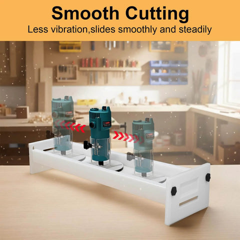Beefy Adjustable Slab Flattening Jig For Router Sled 48 Inch HDPE Benchtop Mill shown with router in workshop setting