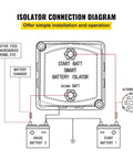 Diagram of Split Charge Relay Kit For 12V Systems, Auto Dual Battery Isolator With 140 Amp VSR, illustrating battery connections.