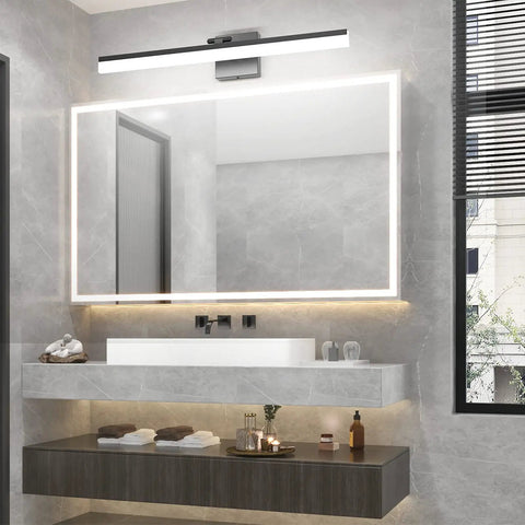 32 Inch Matte Black Bathroom Vanity Light With 18W Adjustable LED Fixture, 6000K Cool White, above modern bathroom mirror