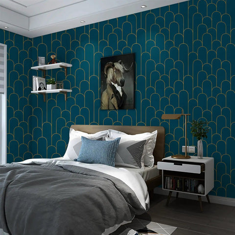 Bedroom with Blue Gold Peel and Stick Wallpaper Geometric Stripe Pattern Removable Self Adhesive Vinyl For Walls Easy Cut Grid Backing Waterproof Decor 17.3 by 118 Inches