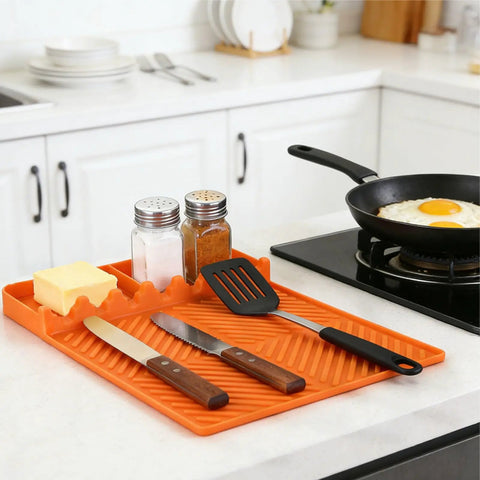 Silicone Griddle And Grill Mat With Drip Pad For Grill And Kitchen 16 By 11 Point 5 Inch Countertop Organizer with utensils
