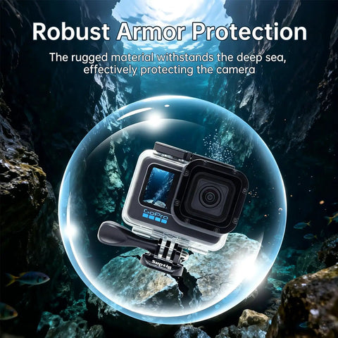 Underwater GoPro Housing For Hero 9 10 11 12 13 Black Beefed Up Waterproof Case displayed underwater in protective bubble.