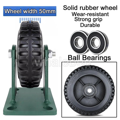 Built Different Heavy Duty Rubber Caster Wheels Set Of 4 With Locking Brakes And Roll Like Butter Swivel Design close-up of solid rubber wheel on mounting plate.