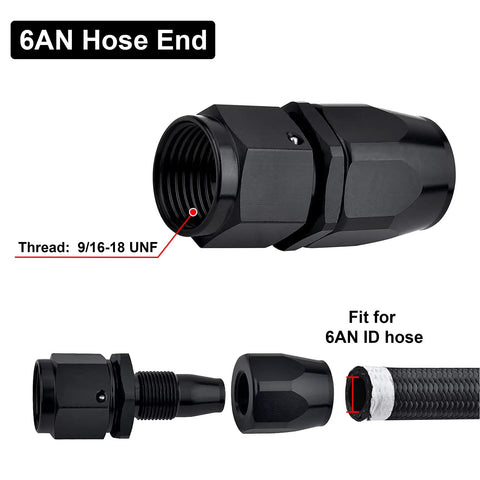 6AN Hose End Fitting Kit For CPE Braided Hose Aluminum 6061-T6 With Black Anodized Finish 9/16-18 UNF Thread shown