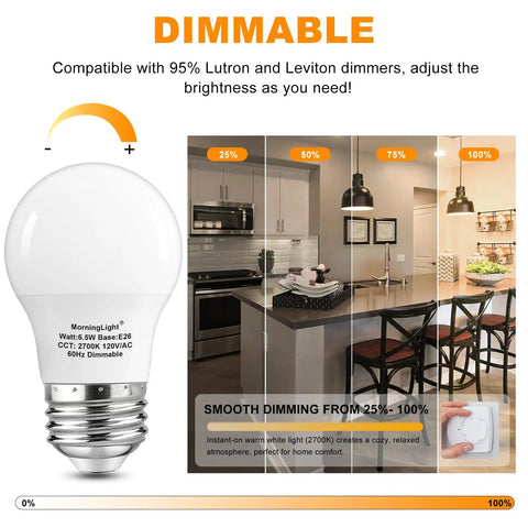 Dimmable chart showing A15 LED Filament Bulbs, 7W Equal 60W, use with dimmers in a kitchen setting, warm white light demo