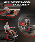 Go-To 3-In-1 Leg Extension Curl Machine For Home Gym with man demonstrating hip thrust, leg curl, and leg extension exercises