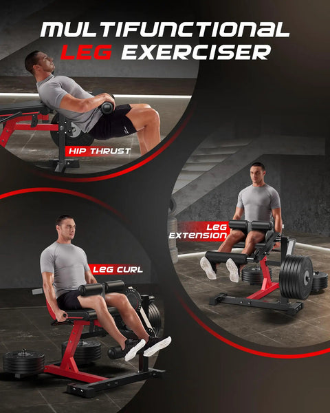 Go-To 3-In-1 Leg Extension Curl Machine For Home Gym with man demonstrating hip thrust, leg curl, and leg extension exercises