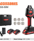 Heavy Duty Wireless Crimping Tool Kit With Seven Quick Swap Dies, 21 Volt Rechargeable Battery And Charger displayed with dies and carrying case.