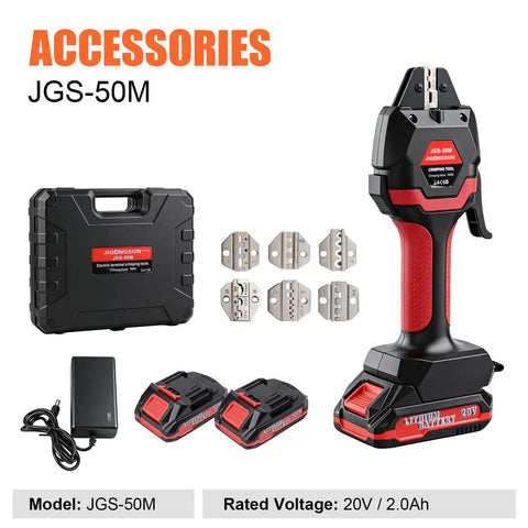 Heavy Duty Wireless Crimping Tool Kit With Seven Quick Swap Dies, 21 Volt Rechargeable Battery And Charger displayed with dies and carrying case.