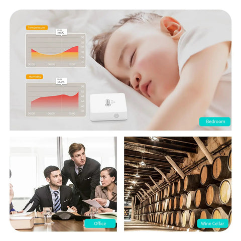 Zigbee Temperature And Humidity Sensor Lite 3 Pack For Smart Home Smart Thermometer And Hygrometer in a bedroom, office, and wine cellar.