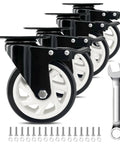 Built Like A Tank 5 Inch Heavy Duty Polyurethane Caster Wheels With Reliable Brakes, black swivel casters with white wheels and hardware.