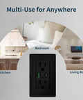 No Sweat PD20W USB Wall Outlet Featuring Bright LED Night Light Flip Switch And Dual Type A And Type C Fast Charging Ports in kitchen, bedroom, and living room.