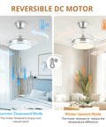 Sleek Retractable Ceiling Fan With Dimmable LED Lights And Remote, showing reversible DC motor for winter and summer modes.
