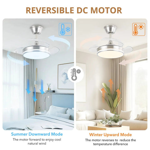 Sleek Retractable Ceiling Fan With Dimmable LED Lights And Remote, showing reversible DC motor for winter and summer modes.