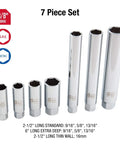 Three Eighth Inch Drive Master Spark Plug Socket Set In CR-V Alloy Steel, 7 Piece Kit with extra deep and thin wall sockets