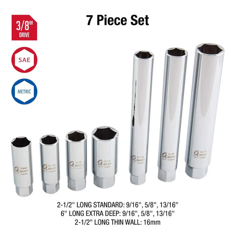 Three Eighth Inch Drive Master Spark Plug Socket Set In CR-V Alloy Steel, 7 Piece Kit with extra deep and thin wall sockets
