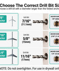 Image showing drill bit sizes for anchors: 1/8", 3/16", 1/4" with corresponding drill bit diameters for Badass Drywall Anchor Kit With Toggle Bolts And Screws Featuring A 28 Piece Three Size Assortment For Hollow Walls Offering Hella Strong Hanging Power And Hassle Free Setup Daily.