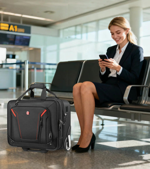 Front view of Star Cloud rigid-frame rolling laptop bag, 18×14×8 in, black with red trim, wheeled carry-on