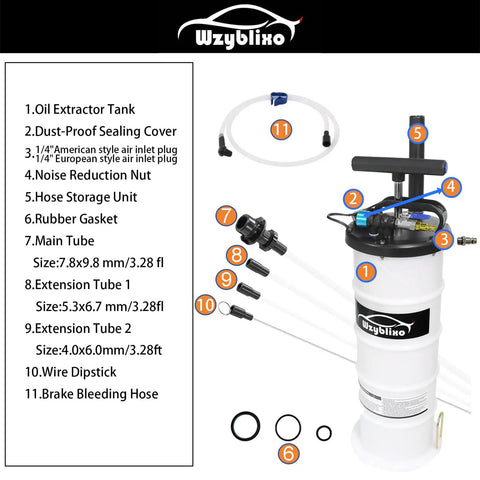 6.5L Oil Extractor Pneumatic And Manual Fluid Change Pump with labeled parts and hoses for automotive vacuum evacuation