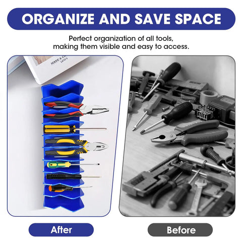 2 Pack Pliers Organizer Rack With Nonslip Base showing after and before tool organization with 10 Slot Drawer Plier Tray