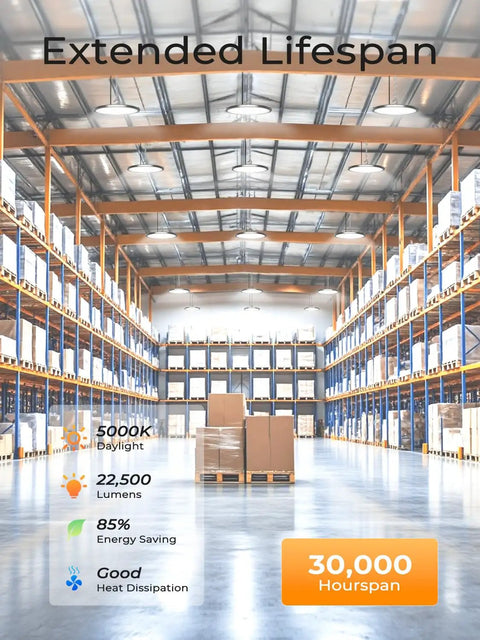Warehouse lit by Beast Bright 150W UFO LED High Bay Lights with 22500 lumens, showing energy efficiency and extended lifespan benefits.