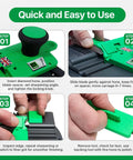 Step-by-step guide showing the High Octane Adjustable Chisel Sharpener With Four Diamond Honing Stones in use for blade sharpening.
