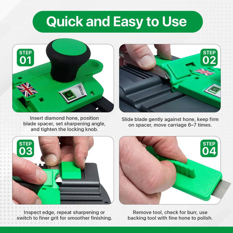 Step-by-step guide showing the High Octane Adjustable Chisel Sharpener With Four Diamond Honing Stones in use for blade sharpening.