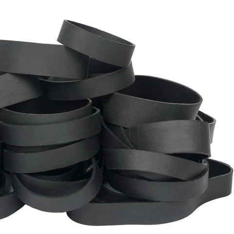 Close-up of Assorted Elastic Rubber Band Bulk Pack In Multiple Sizes 82 84 94 105, 50 Pieces, Black, Ranging From 2.5 To 5.12 Inches