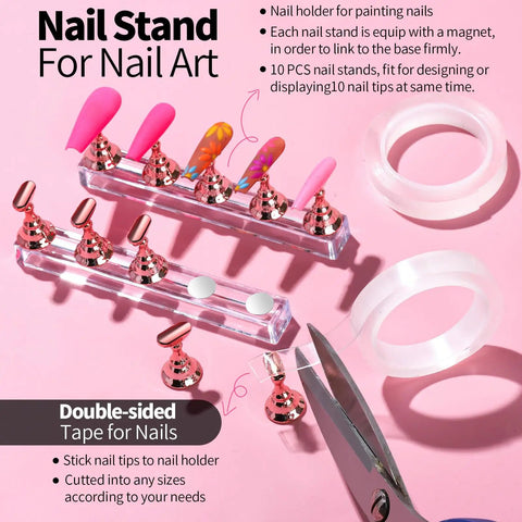 All-In-One Nail Art Kit With 15 Brushes, 5 Dotting Tools, Magnetic Nail Stands, Nail Holder And Palette showing nail tips on stands