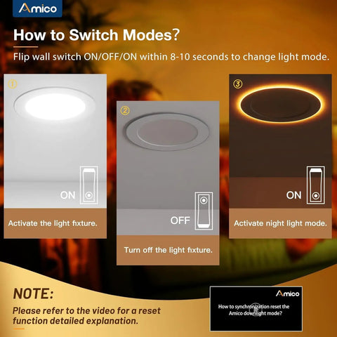 Instructions on switching modes for 20 Pack 6 Inch Led Recessed Lights With Night Light Mode showing ON, OFF, and night light settings.
