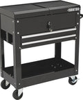 Front view of 28 Inch Two Drawer Tool Cart With Locking Top And Smooth Rolling Ball Bearing Slides, 350 Pound Capacity, Pro Grade Heavy Duty Mobile Toolbox For Shop Or Garage, Sturdy Steel Construction And Easy Access.